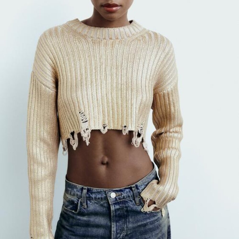 NWT GORGEOUS METALLIC GOLDEN FOIL KNIT CROP SWEATER